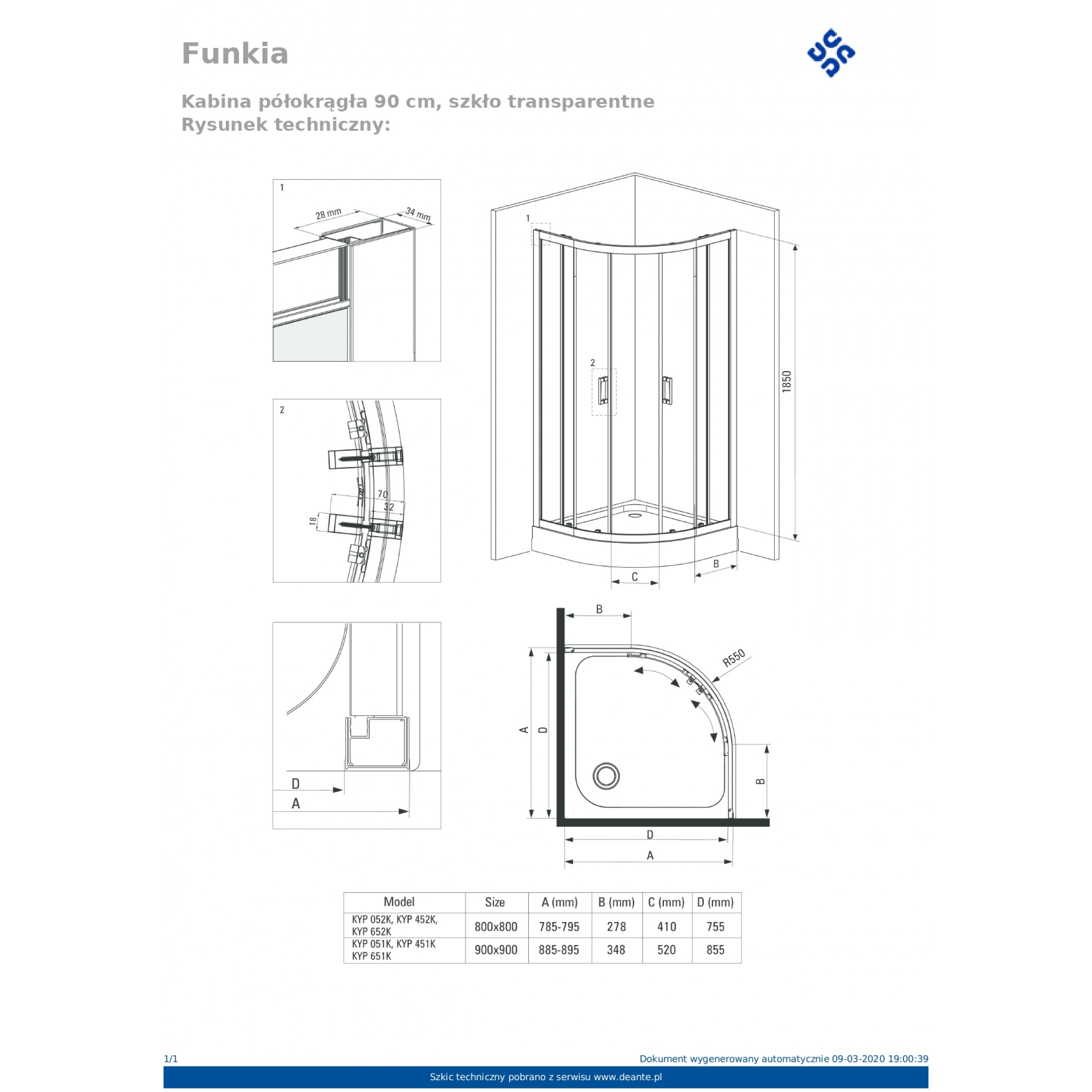 Cabina de dus semirotunda  sticla transparenta Crom 80 x 80 x 185 cm KYP_052K Funkia Deante