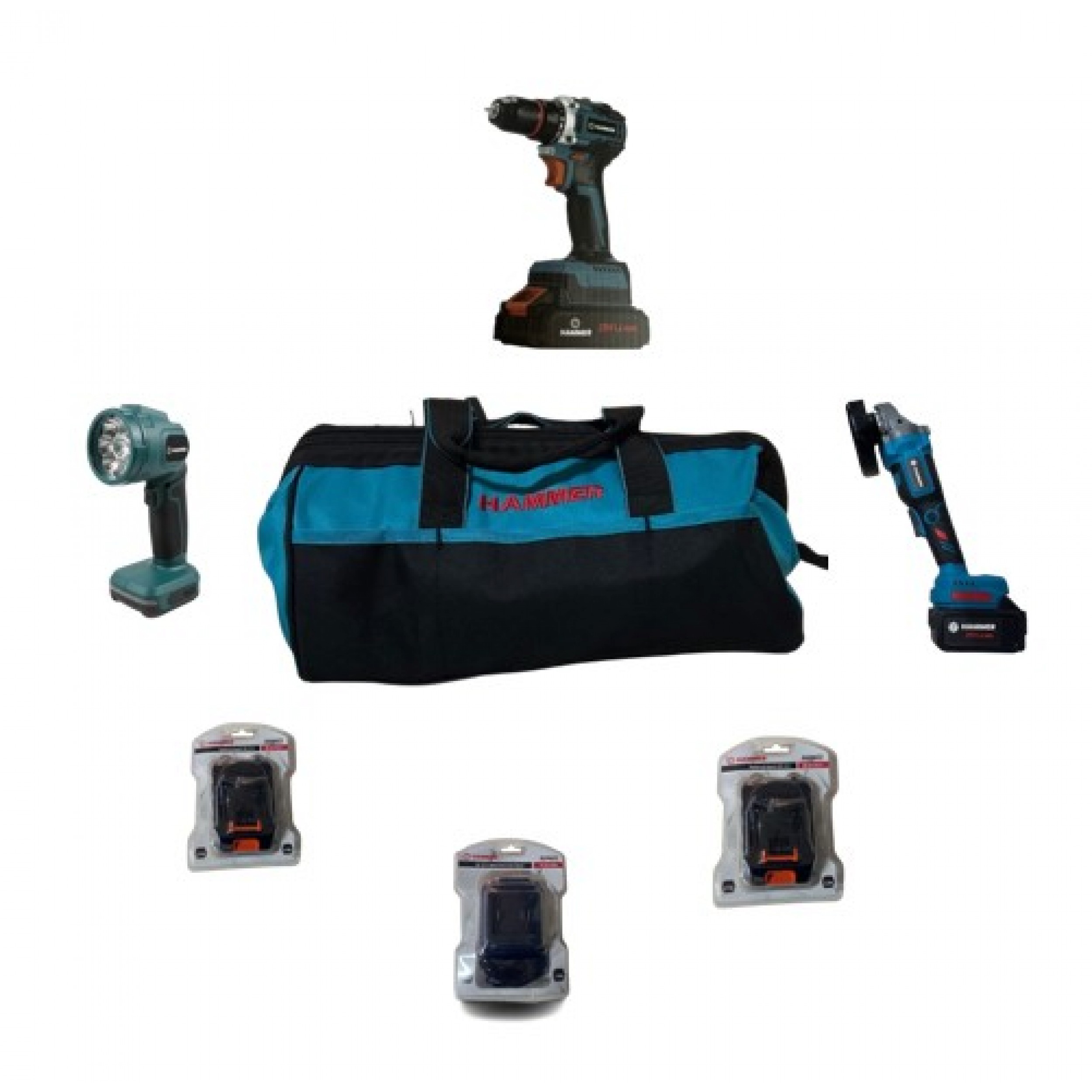 Set de scule cu acumulator Hammer 21 V – polizor unghiular, mașină de găurit și înșurubat, lanternă, 2 acumulatori (4.0 Ah + 2.0 Ah)