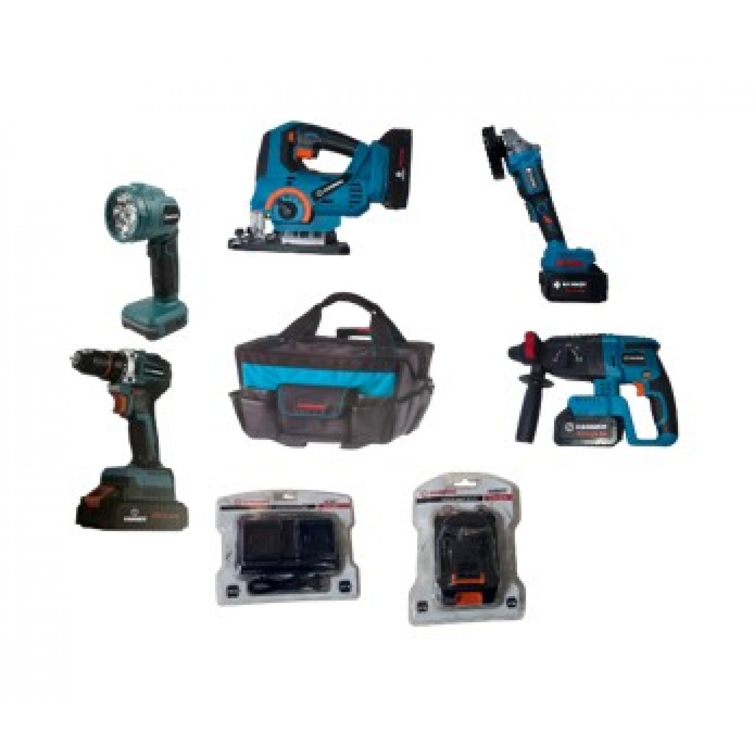 Набор Hammer 21 V с перфоратором SDS-Plus, угловой шлифмашиной, дрелью, лобзиком и фонарем 4.0 Ah